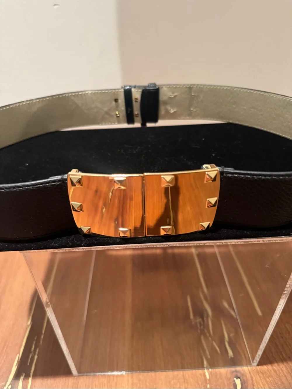 BCBG Black Faux Leather Belt with Gold Pyramid Stud Buckle. 34” long.